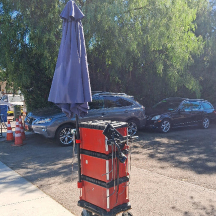 Milwaukee Packout toolboxes with an umbrella attached