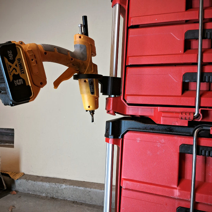 Close up view of the Milwaukee Packout Glue Gun Holder